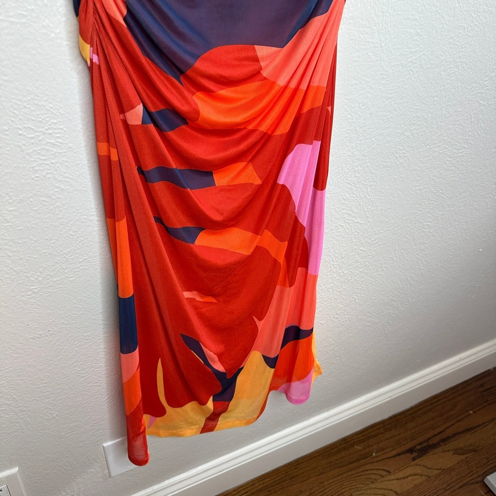 Farm Rio x Anthropologie Ruched Mesh Midi Dress Orange Abstract Size XS - Picture 9 of 9